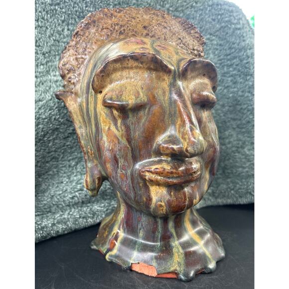 Clay Sculpture of Buddha Head Glazed Vintage Gorgeous - Picture 9 of 10